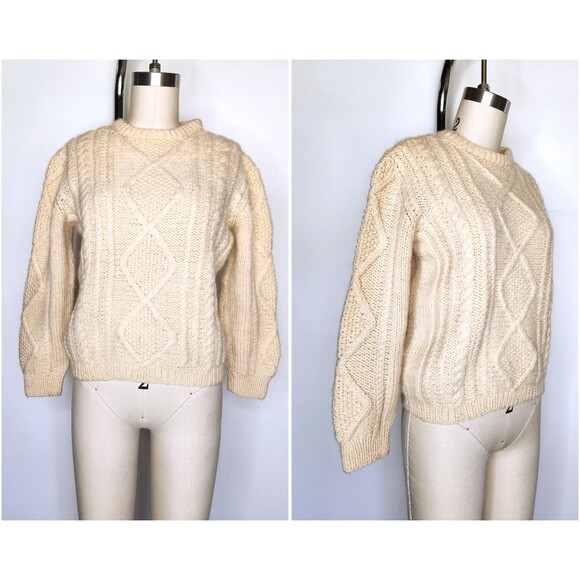 Vintage Chunky Cable Hand Knitted Wool Sweater Fisherman Ireland Irish Ivory XS - Picture 1 of 7